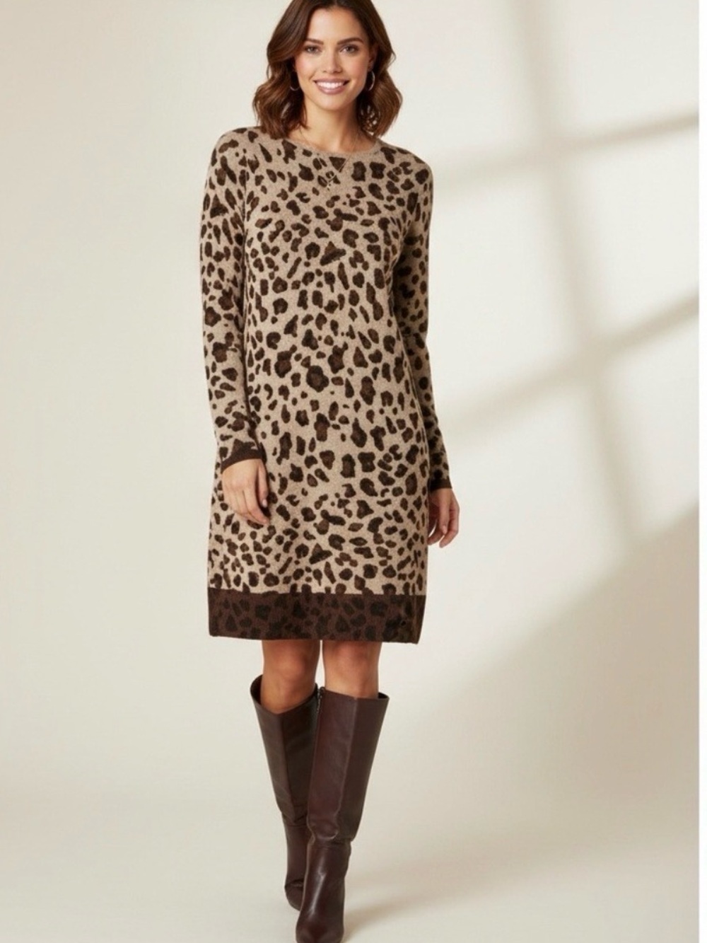 Leopard Print Knit Long-Sleeve Dress in Taupe and Brown